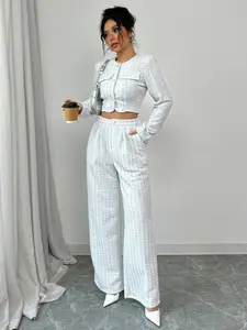 Elegant Women's Spring Autumn Long-sleeve Short-pants Suit Tweed Short Jacket With Pearl Buttons Pearl Button Textured Jacket And Long Pants Suitable For Commuting And Leisure Basic Minimalist Style