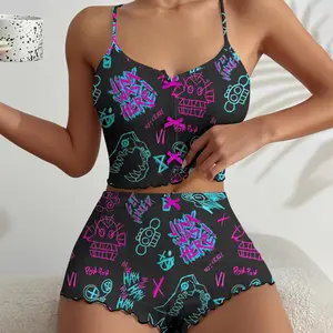 SHESHOW- Graffiti Arcane Bow Detail Ribbed Knit Pajama Set For Women