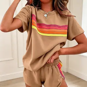 Women's 2-Piece Breathable Rainbow Stripe Set, Loose Fit, Home & Sport Style Casual Set, Breezy, Sweet & Spicy Style, Women's Summer Clothing, Boosts Vitality, Cotton Polyester MIX Fabric, Comfortable Outfits, Women's Comfort Sweatsuit Set