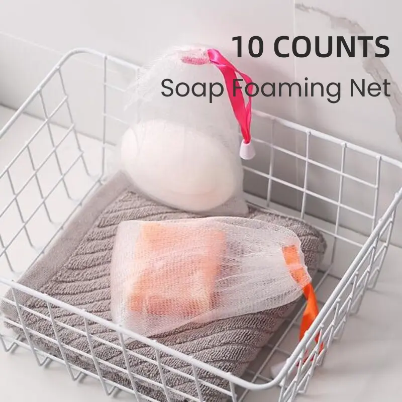 10 Counts Foaming Net，Scrub Cleansing Soap Bubble Mesh Bags, Exfoliating Mesh Soap Bag Face Cleansing Foaming Nets, White Pouch with Drawstring for Bath & Shower