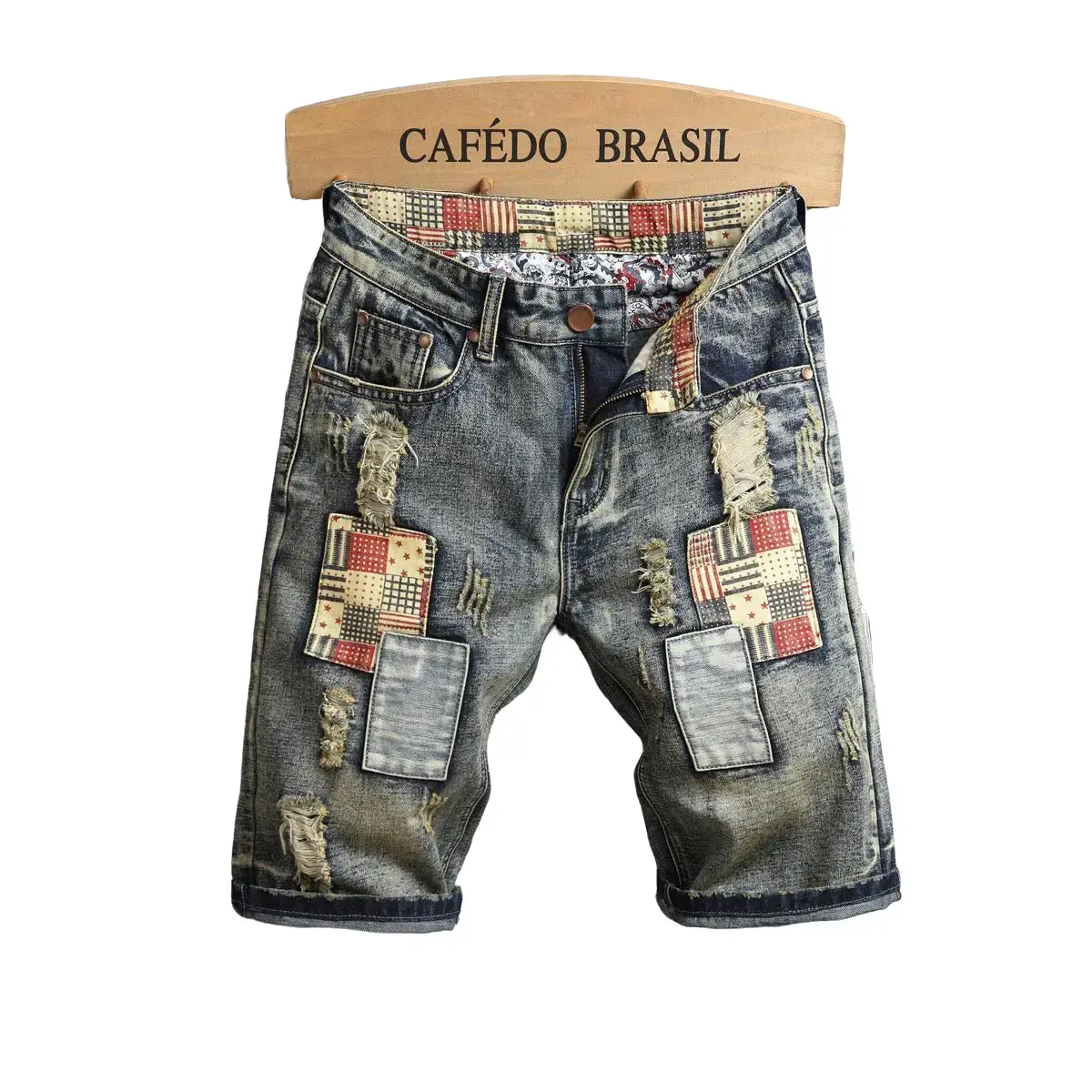 Men's Patchwork Denim Shorts, Casual Ripped Shorts, Casual Street Fashion Shorts for Summer, Casual Fashionable Shorts, Men's Bottoms for Daily Wear