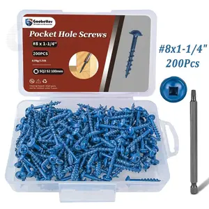 Blue Coated #8x1-1/4" Countersink Pocket Hole Wood Screws, 200 PCS Square Drive Washer Head Galvanized Screws with 100mm Drive Bit for Woodworking Projects, Countersink Wood Screws