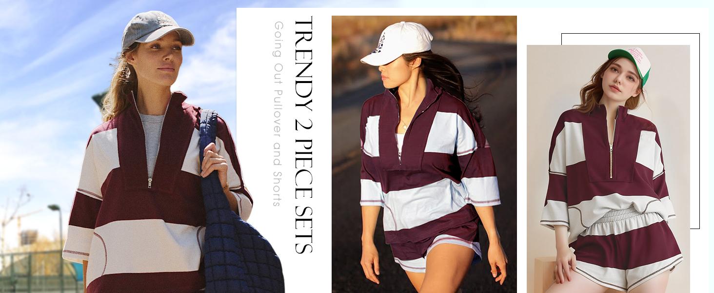 Arssm Women’s Striped 2-Piece Workout Set – Casual Oversized Half Zip Top & Shorts with Pockets, Retro Rugby Loungewear Outfits