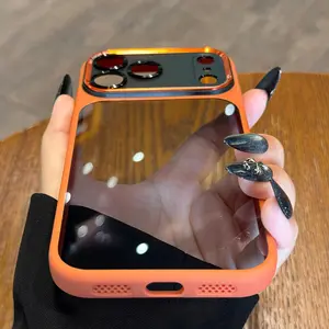 Luxury High-Quality Translucent Metal Lens Frame Protective Acrylic Hard Case for iPhone 17/17 Air/17 Pro/17 Pro Max/16/16 Pro/16 Pro Max/15/15 Pro/15 Pro Max/14/14 Pro Max, Simple Minimalist Design for Men and Women