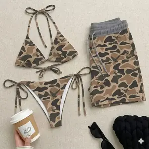 [HOT 2026] Dinosaur Old School Camo Couple Swimwear – Women’s Triangle Bikini & Men’s Beach Shorts, Matching His & Hers Summer Beach Vacation Swimsuitsliday Ba
