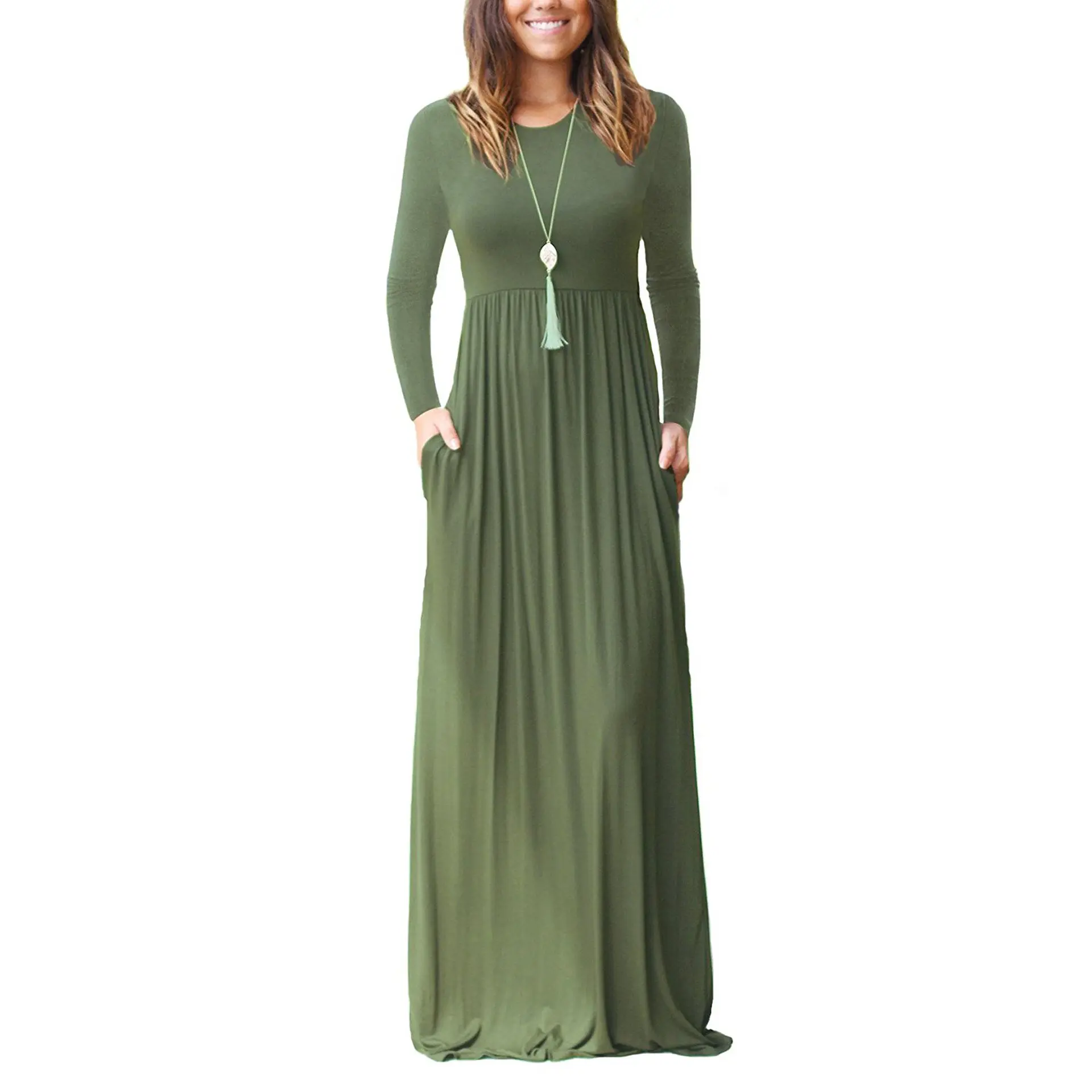 Long-sleeved elastic-waist dress