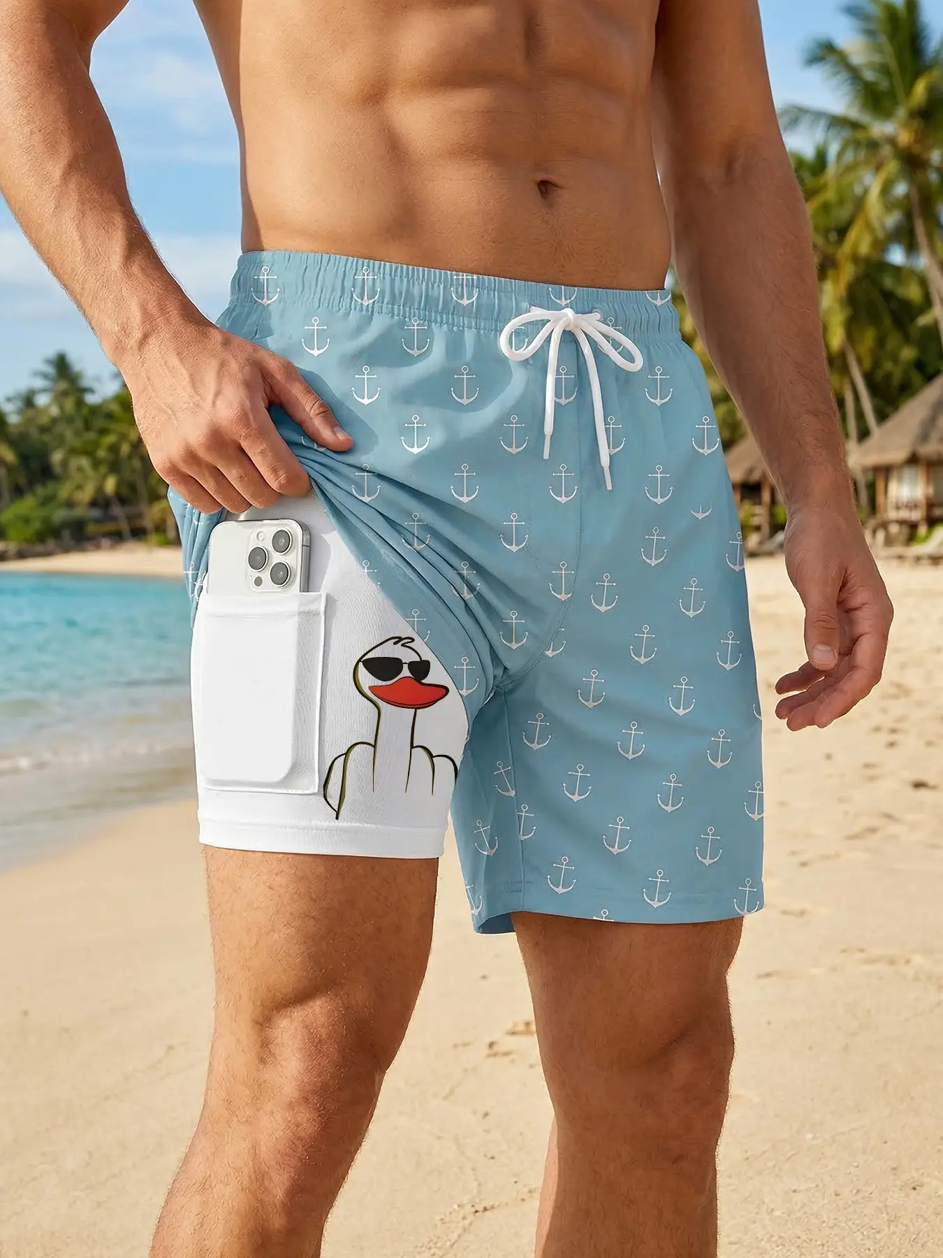 Men's Prank Duck Print 2-In-1 Beach Shorts, Quick-Dry Swim Trunks, With Side Phone Pocket, Drawstring Elastic Waistband, Summer Casual Funny Board Shorts, Swimming Shorts, Swimwear Beachwear Bathing Suit