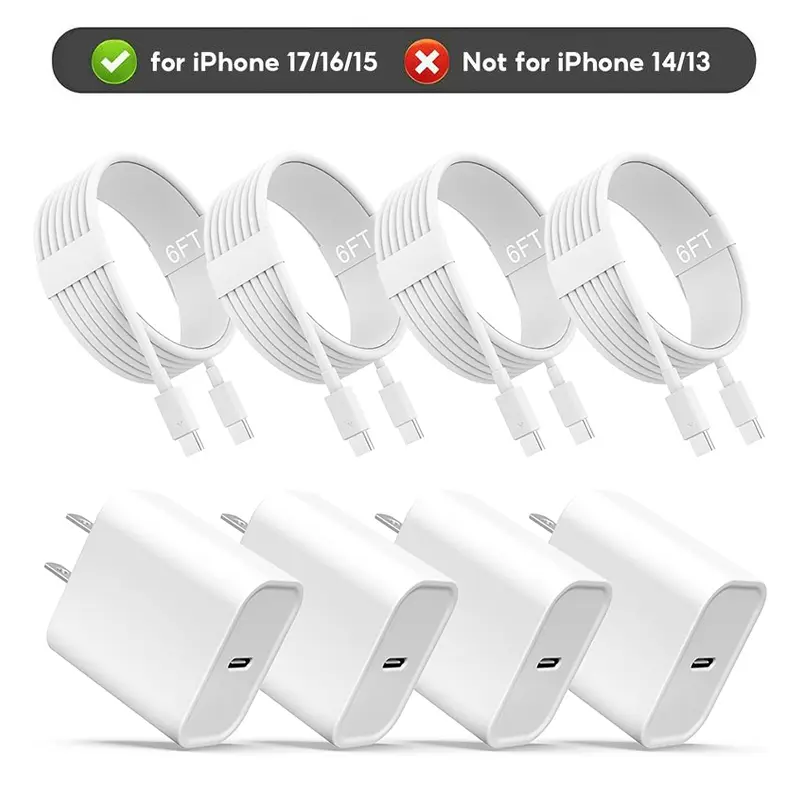 6FT 4-Pack iPhone 17 16 15 Charger Fast Charging Type C Chargers USB C Charger Block i Phone 16 Chargers with 4-Pack 6FT Cable for iPhone 17/17 Air/17 Pro/17 Pro Max / iPhone 16/16 Plus/16 Pro/16 Pro Max/iPhone 15/15 Pro Max/Samsung(White)