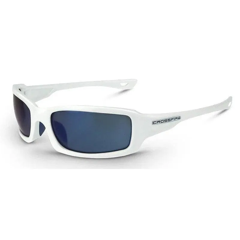 Crossfire M6A Z87 Work Safety Glasses, White Full-Frame, Blue Mirror Lenses, Crossfire Emblem Accent, 99.9% UVA/B Shield, Sun Protection, Wrap-Around Design, Bisphenol A (BPA)-Free, Frame Width: 135 mm