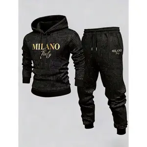 Men's MILANO Gold Print Hoodie Set, Circuit Pattern Casual Sports Jogger Pants 2-Piece Outfit