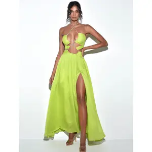 Quinby Lemon Chiffon Pleated Lace Up Maxi Dress