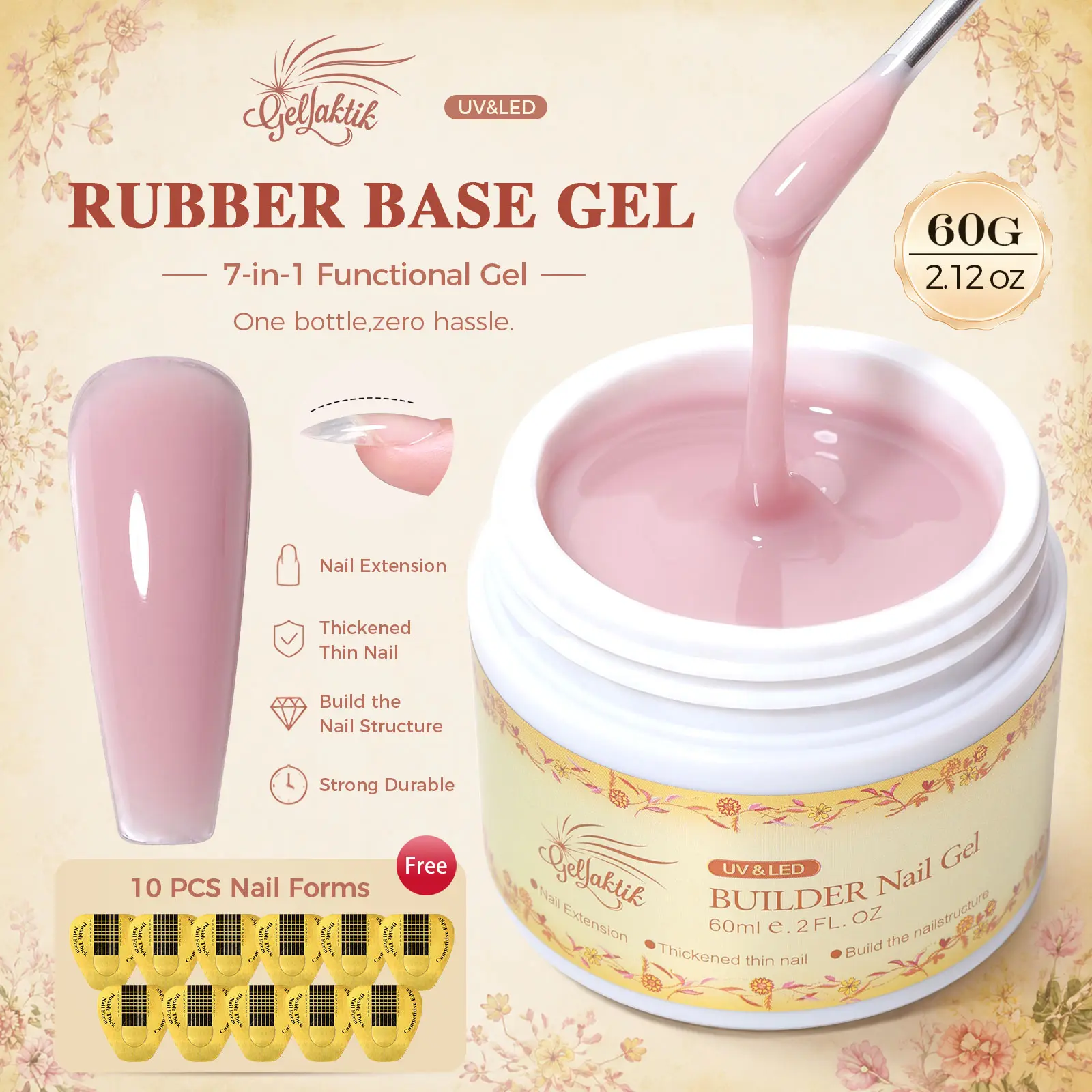 GELLAKTIK 60g Builder Gel for Nails with 10 Nail Forms Strengthener & Thickening UV LED Cured Salon DIY Manicure Kit for Nail Extension Repair