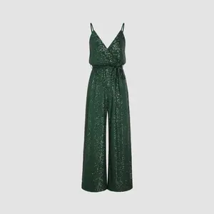 Cider [2 colors, size 2-10] Sequin V-neck Solid Belted Wide Leg Jumpsuit