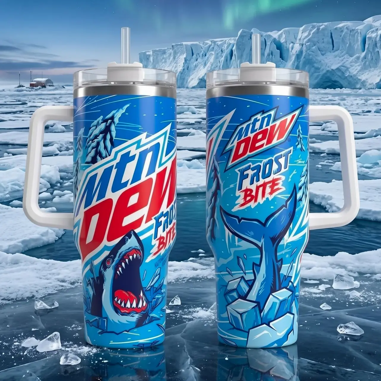 [ New Drop ] Blue Shark Arctic Ice Tumbler, 40oz Insulated Stainless Steel Travel Mug with Handle, Frosty Soda Graphic Drinkware, Winter Sport Gift