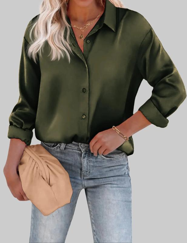 Womens Blouse Satin Silk Shirts Button Down Shirts Casual Loose Long Sleeve Office Work Tunic Tops