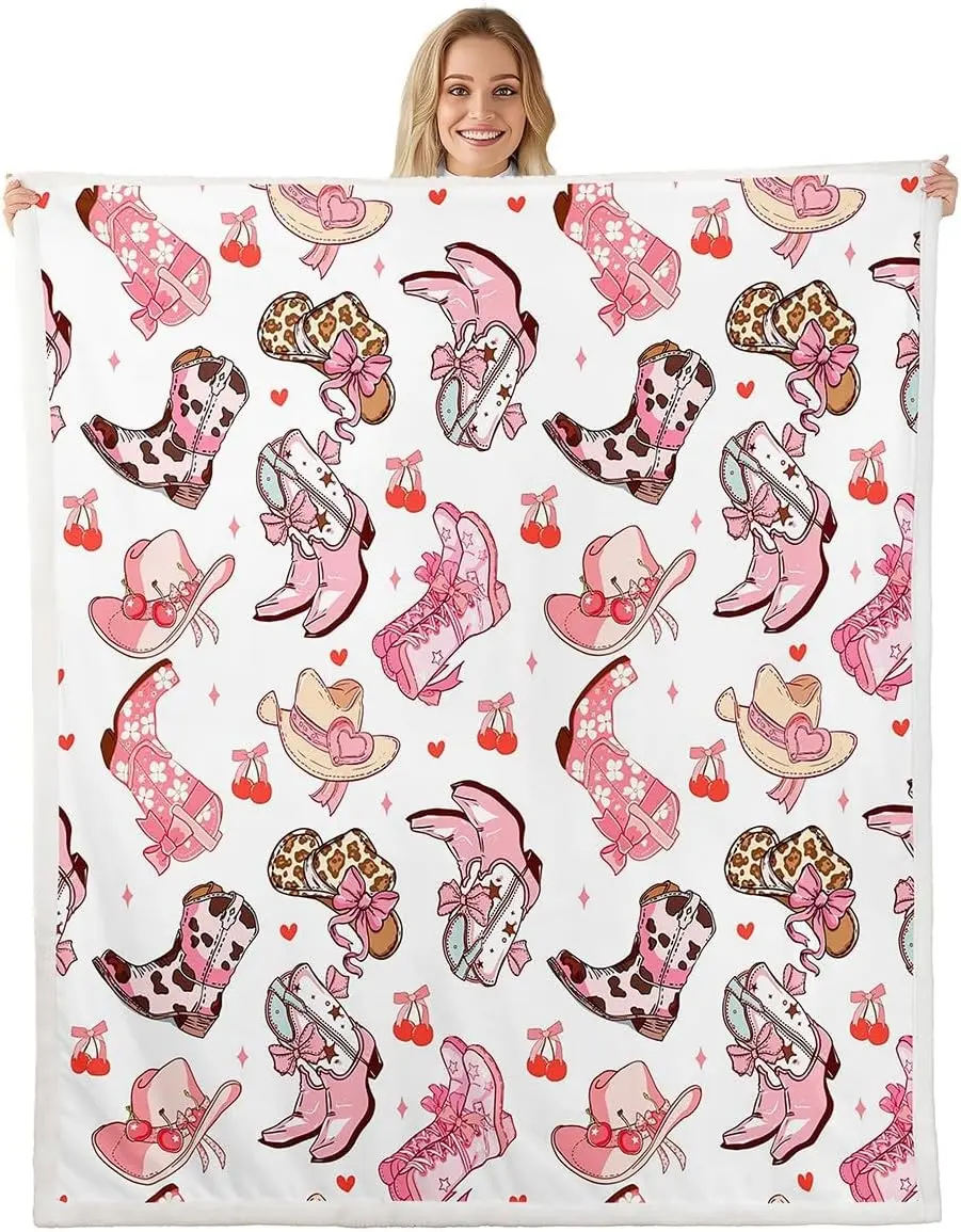 Feelyou Pink Cowgirl Western Theme Printed Throw Blanket - Flannel Fleece Sherpa Blanket with Cowgirl Boots, Bow & Ribbon, Machine Washable Western Home Bedroom Decor for Bed, Sofa, Flannel Fleece Blankets