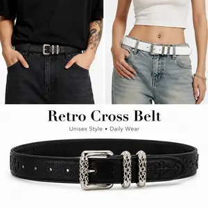 Unisex Retro Cross Embossed Belt with Silver Tone Buckle, Gothic Punk Waist Belt for Men Women, Vintage Streetwear Jeans Belt with Double Keeper Design, Casual Y2K Fashion Belt in Black or White