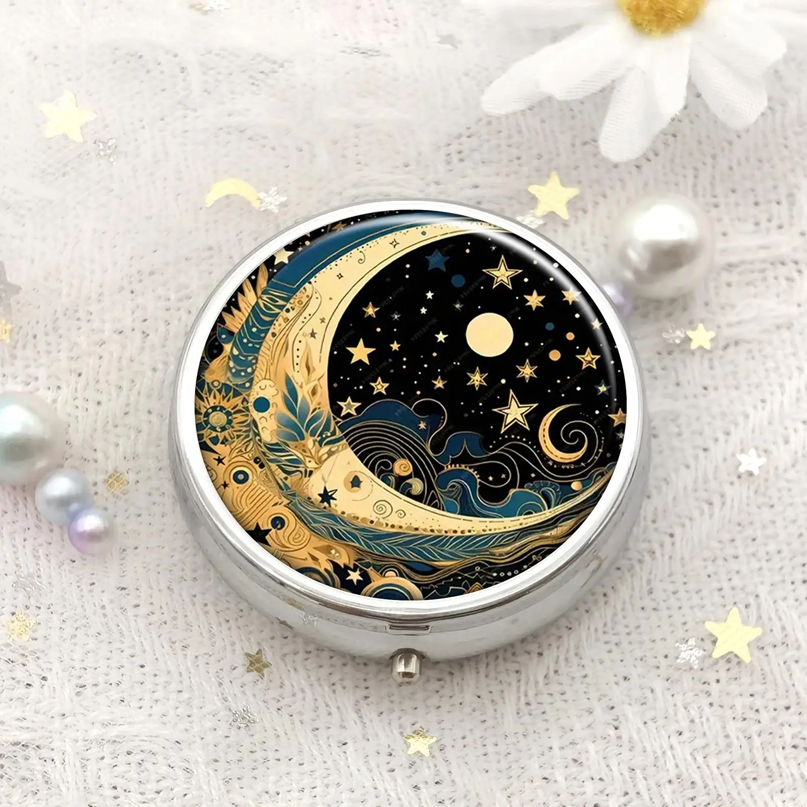 Moon & Star Pattern Round Storage Box, Portable 3-grid Mini Storage Box with Mirror, Travel Pill Box, Home Organizer for Home Office School