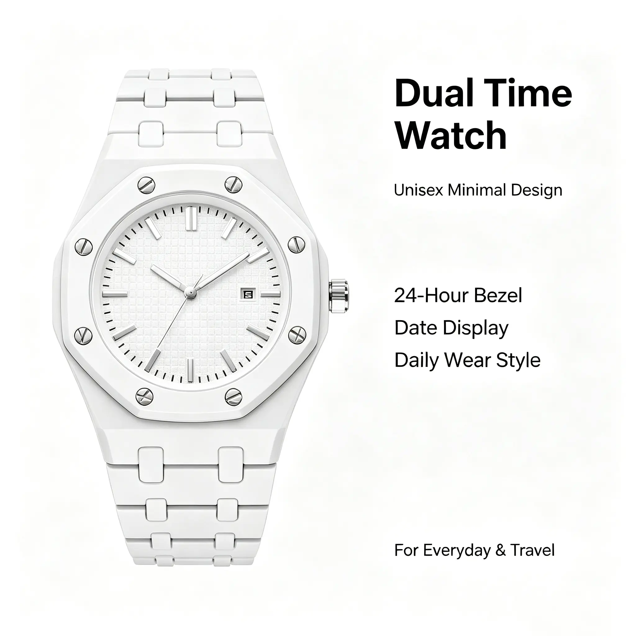 Solid White Minimal Octagonal Watch | Lightweight Plastic Band Dual Time Wristwatch