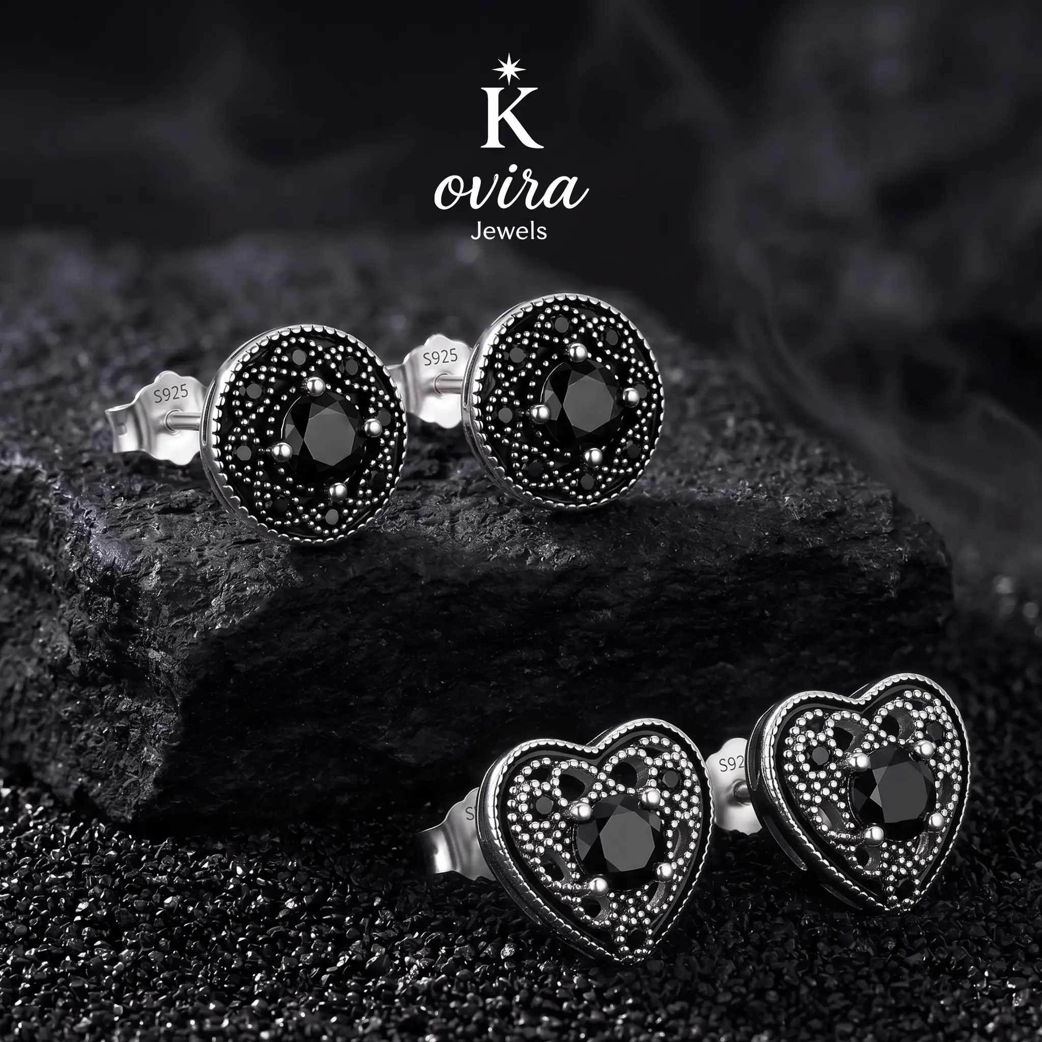 Kovira S925 Sterling Silver Black Obsidian Stud Earrings, Heart and Mandala Vintage Gothic Filigree Earrings, Birthday Anniversary Gift for Women