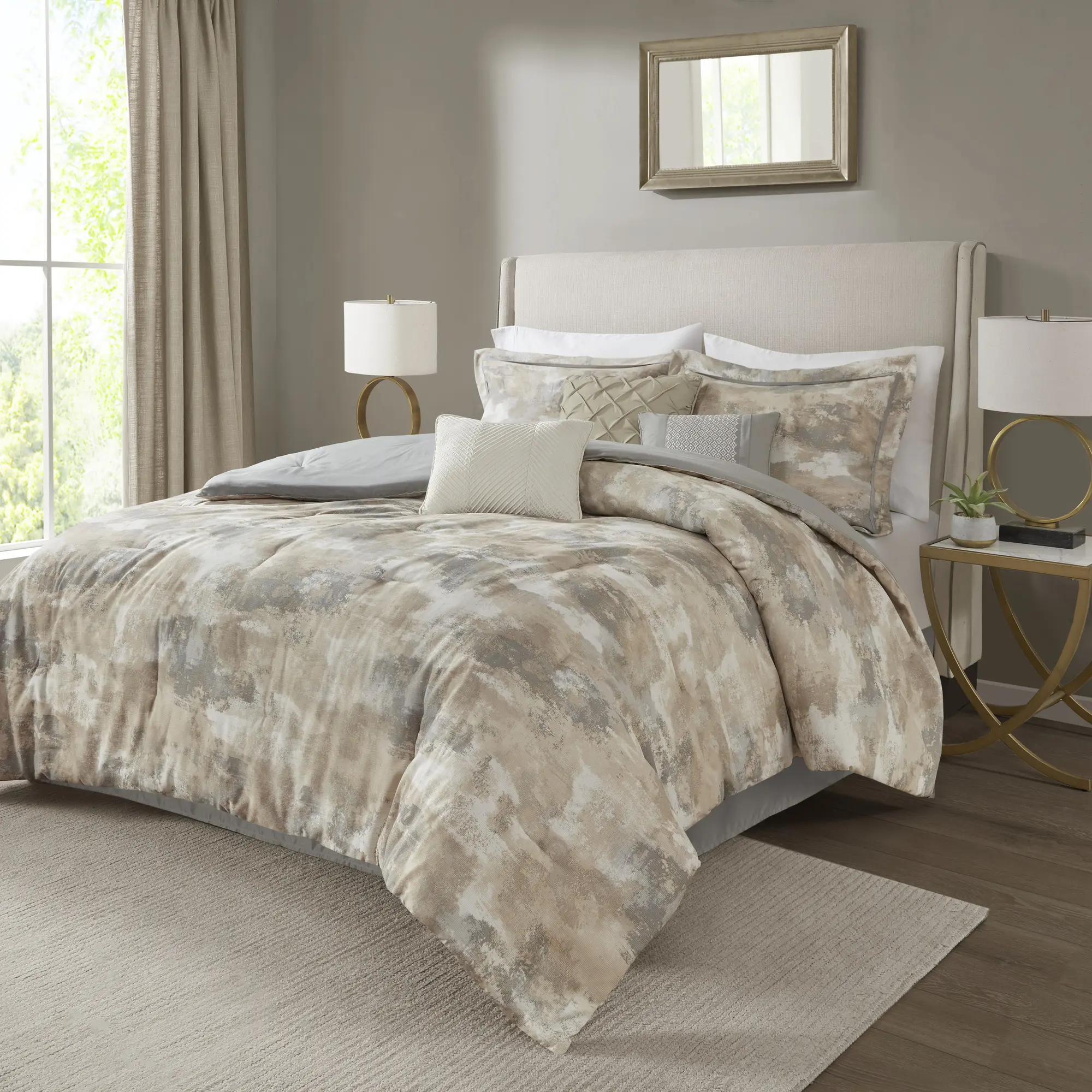 7 Piece Cotton Blend Comforter Set Queen Size Bedding with Abstract Print, Hypoallergenic Polyester Fill, Includes Shams, Decorative Pillows & Bed Skirt, Oeko-Tex Certified, Machine Washable