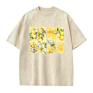 Women'S Summer Clothing Watercolor Lemon Element Easy Peasy Lemon Squeezy Print Round Neck Short Sleeve T-Shirt Comfortable Soft Fashionable Elegant Party Retro Casual Versatile Spring, Summer