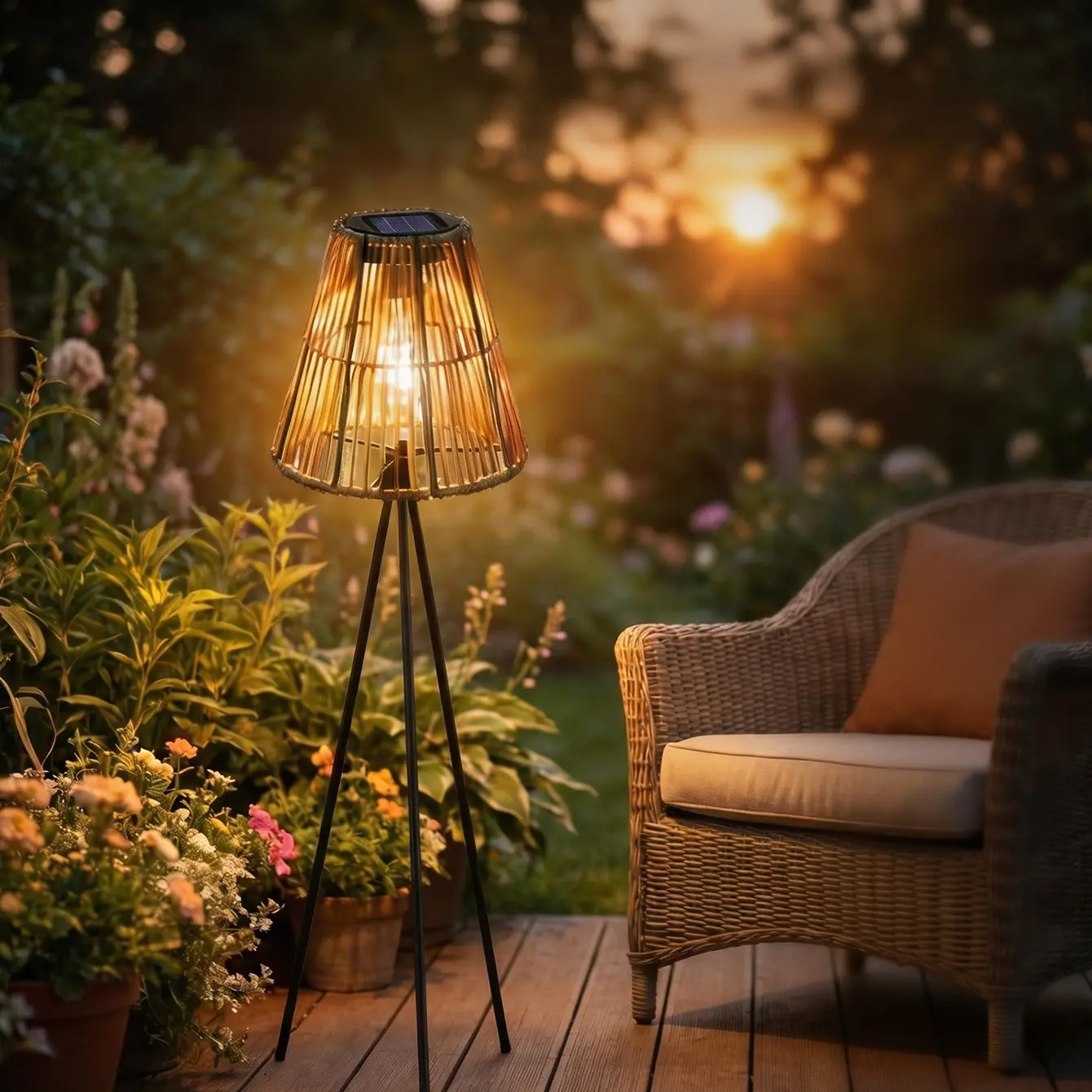 Bohemian Wabi Sabi Rattan Tripod Solar Outdoor Floor Lamp, Waterproof Handmade Vintage Garden Patio Lantern, Warm Atmosphere Decor, Solar Garden Lanterns, Patio Lighting