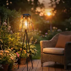 Bohemian Wabi Sabi Rattan Tripod Solar Outdoor Floor Lamp, Waterproof Handmade Vintage Garden Patio Lantern, Warm Atmosphere Decor