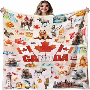 Canadian Flag Maple Leaf Blanket, Comfortable Flannel Holiday Throw, Thanksgiving Christmas Gift, Modern Geometric Pattern