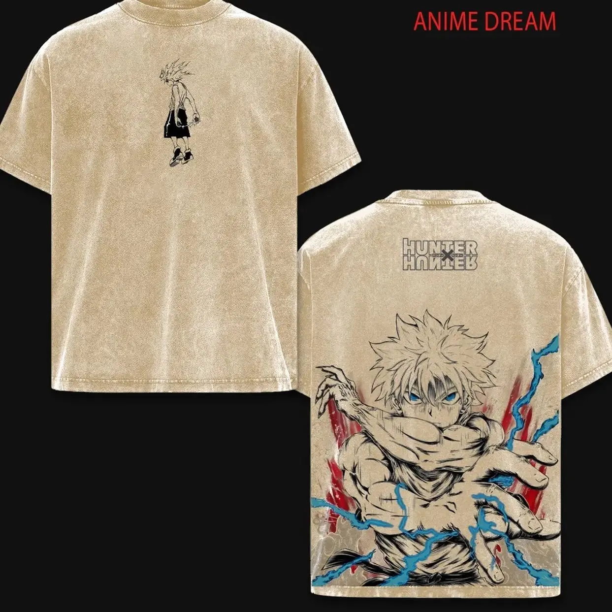Killua Zoldyck Hunter × Hunter Anime Double Printed Vintage Washed Tee Unisex Oversize Anime Manga Washed Heavyweight Cotton T-shirt ZD7