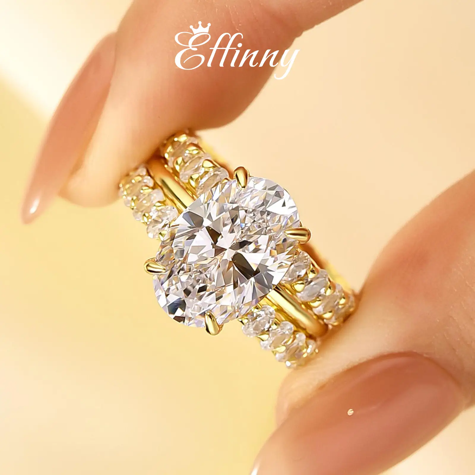 Effinny Jewelry Oval Cut 4.5ct Golden Wedding Ring Set in S925 Sterling Silver, 5A Cubic Zirconia Travel Ring Set, Bridal Ring Set for Women
