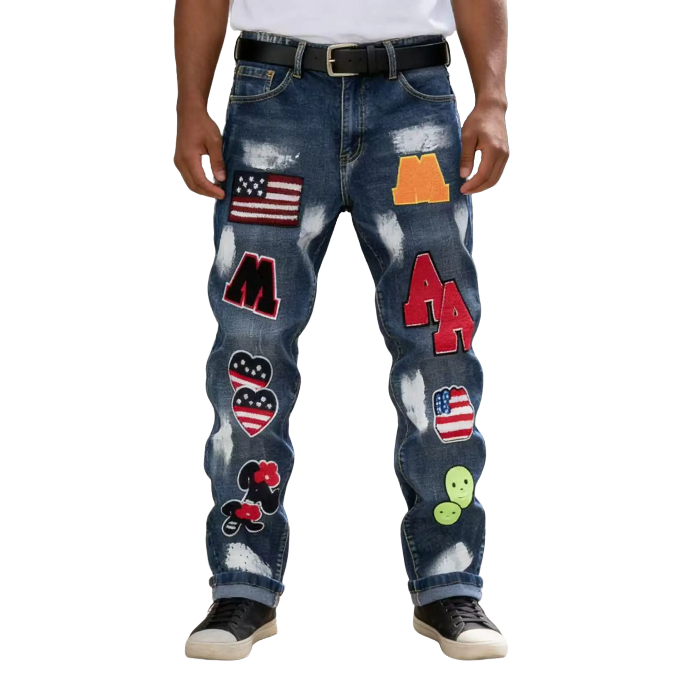 Men's USA Patchwork Jeans | American Flag & Cartoon Patch Denim | Streetwear Slim Fit Pants Casual Fashion Menswear Breathable Classic Jackets Print Stretch men chicago flared Distressed Straight  Tapered Trouser-896 Tailored
