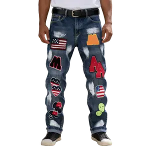 Men's USA Patchwork Jeans | American Flag & Cartoon Patch Denim | Streetwear Slim Fit Pants Casual Fashion Menswear Breathable Classic Jackets Print Stretch men chicago flared Distressed Straight  Tapered Trouser-896 Tailored