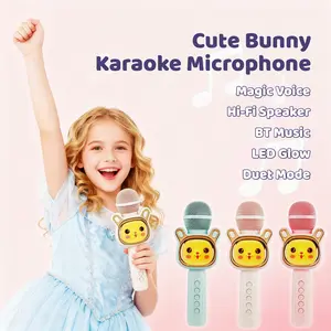 Wireless Karaoke Microphone — Portable Singing Speaker, Cute Rabbit Design, Hi-Fi Stereo Sound, Fun Voice Changer, TWS Duet Mode & Soft Lighting. Ideal for home entertainment, parties, travel, car use, camping