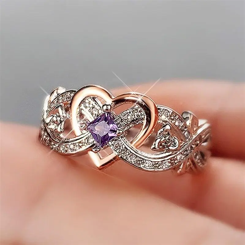 925 Silver Shining White Rose Princess Diamond Ring X Ring Cubic Zirconia Promise Rings CZ Heart-Shaped Rose Gold Two-Tone Zircon Ring Engagement Wedding Band Ring for Women