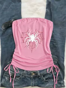 2026 Summer Retro Hot Pink Tube Top | White Spider Web Print | Drawstring Slimming | Lightweight Breathable Cool | Strapless Off-Shoulder Versatile Skin-Brightening | Daily/Music Festival/Party/Beach | Top Only