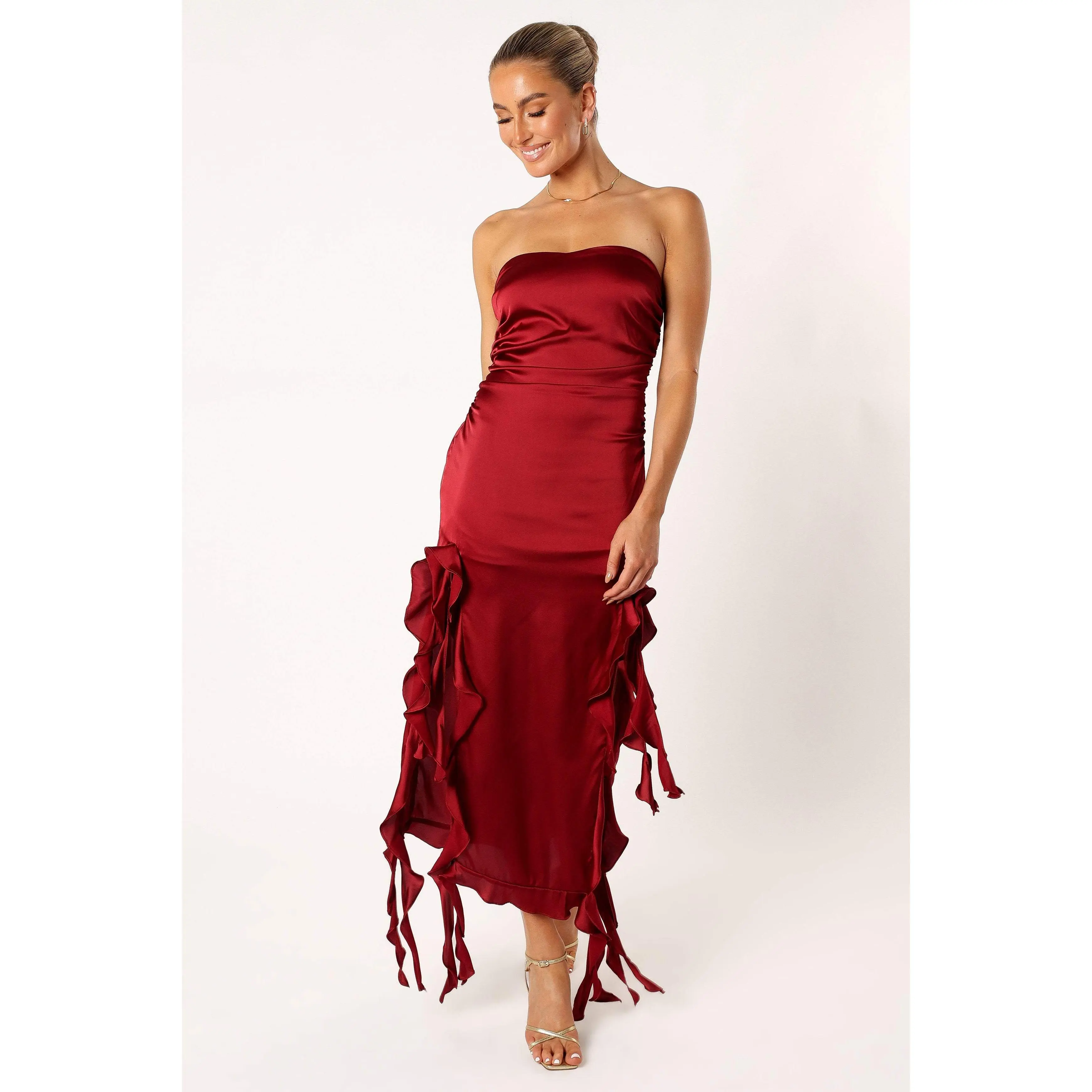 all eyes on you midi dress All Eyes On You Strapless Ruffle Midi Dress