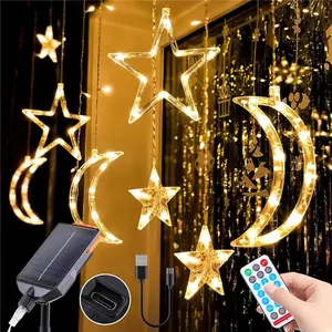 Solar Lights Outdoor Ramadan Decorations Moons Stars Lights 138LED Solar String Lights Outside Waterproof Patio Lights Decor for Porch Window Backyard Tent,Warm White Lights with Remote
