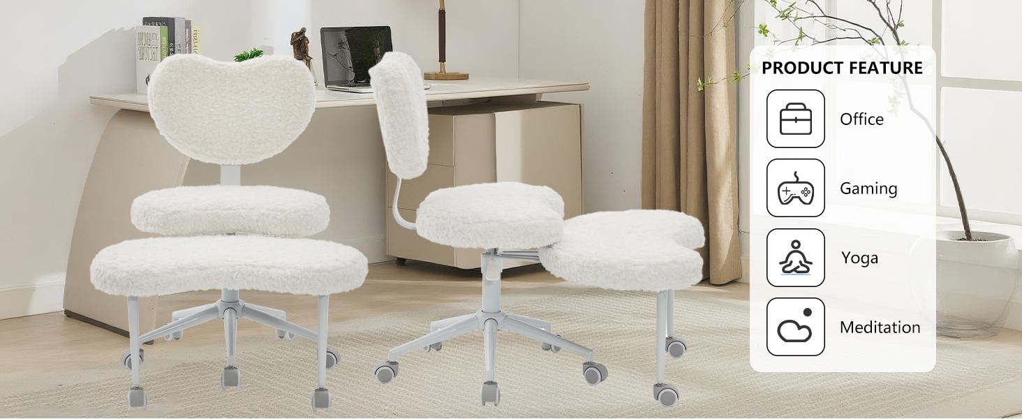 Cream Cross Legged Office Chair with Wheels–360°Swivel Meditation Chair, Adjustable Height Yoga Office Chair for Adults, Ergonomic Kneeling Chair with Back Support for ADHD, Faux Fur,