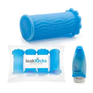 LeakLocks Toiletry Skins: (4 Pack) Elastic Sleeve for Leak Proofing Travel Container in Luggage. For Standard and Travel Sized Toiletries.