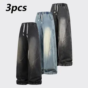 3PCS Men's Winter Jeans Long Washed Vintage American Retro Casual Pants For Teenagers With Loose Fit And Trendy Draped Design Cotton Blend Comfortable Warm Trousers