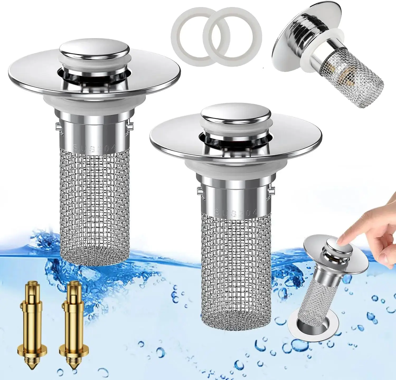 Stainless Steel Pop-Up Sink Drain Stopper With Brass Bouncing Core, Built-In Hair Filter Basket Easy To Clean, Multi-Size Universal Plug For Bathroom Bathtub