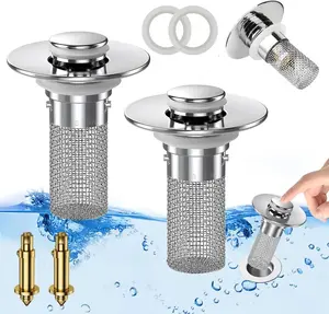 Stainless Steel Modern Anti-Odor Bathroom Sink Stopper with Bouncing Core & Brass Pop-Up Drain Plug for Bathtub Home Goods Universal Drain Stopper with Hair Catcher & Removable Filter Basket for Easy Cleaning