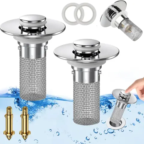 Stainless Steel Pop-Up Sink Drain Stopper With Brass Bouncing Core, Built-In Hair Filter Basket Easy To Clean, Multi-Size Universal Plug For Bathroom Bathtub
