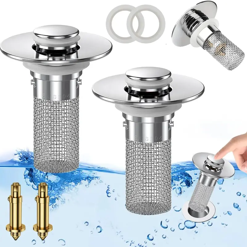Stainless Steel Pop-Up Sink Drain Stopper With Brass Bouncing Core, Built-In Hair Filter Basket Easy To Clean, Multi-Size Universal Plug For Bathroom Bathtub