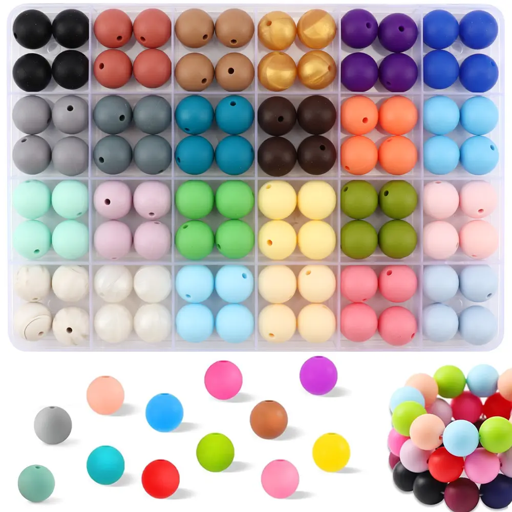 96pcs 15mm Round Silicone Beads, Loose Pack, DIY Keychain, Necklace, Jewelry Making, Focus Beads, Rubber Bracelet Beads, Diy Beading Accessories, Beads For Jewelry Making, Beading Supplies
