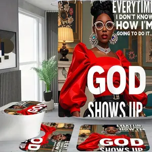 Fashion Girl Pattern Bathroom Decorations, 4 Counts/set Including Shower Curtain & Toilet U-shape Mat & Bathroom Mat & Toilet Lid Cover Pad, Bathroom Accessories, Shower Curtain Sets, Waterproof Bathroom Curtain