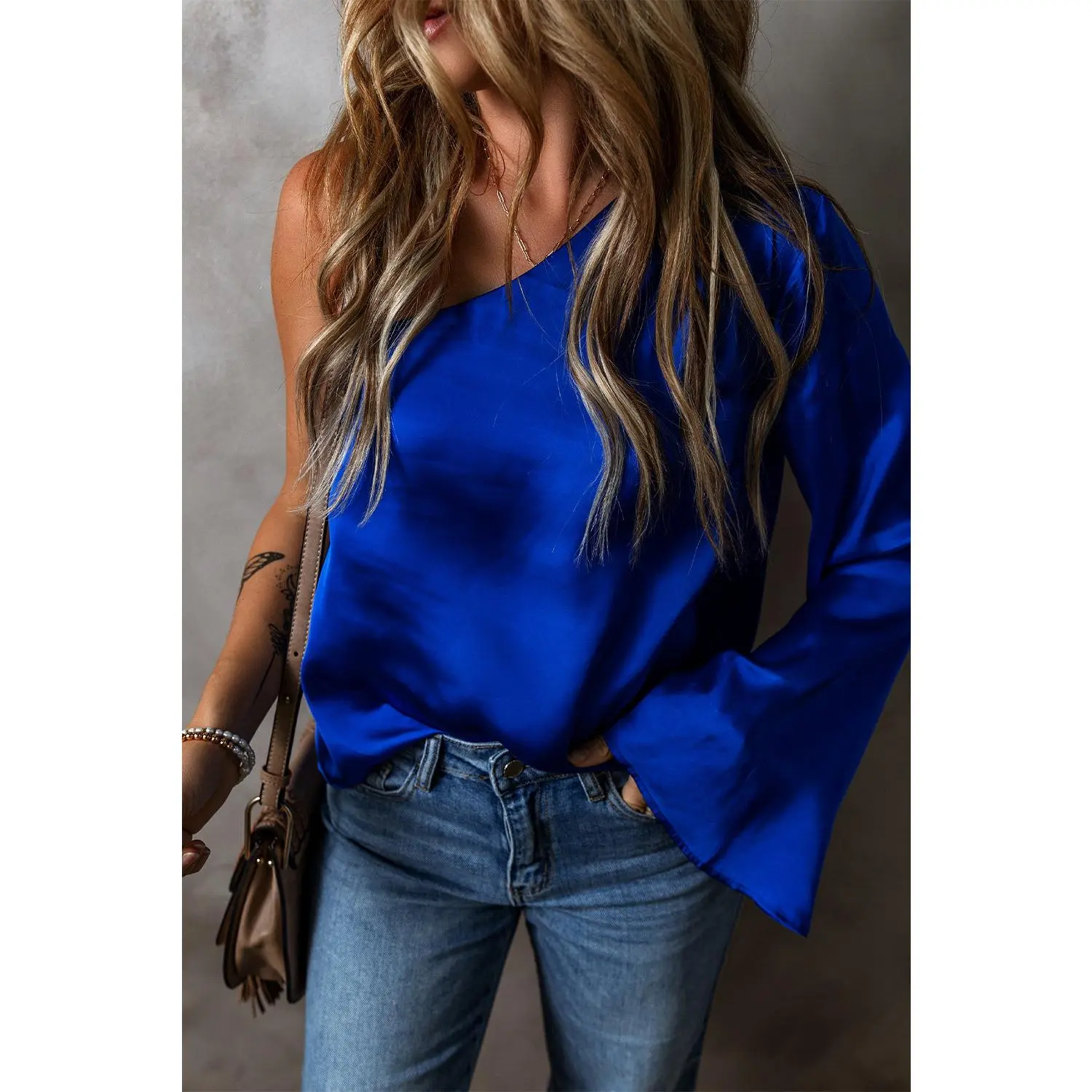 Dark Blue Asymmetric One Shoulder Bell Sleeve Satin Blouse