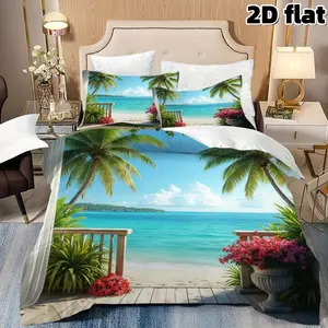 2D Flat 3Pcs Tropical Beach Scenery Duvet Cover - Palm Trees Ocean View Bedding with Pillowcases, Microfiber Seaside Paradise Comforter Cover for Summer Bedroom Home Decoration, Hawaiian Style Coastal Bedding (Duvet Cover + 2 Pillowcases, Unfilled)