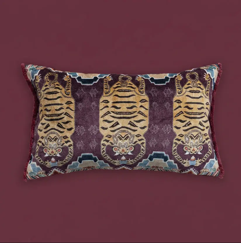 Pre Order Tibetan Tigers Cotton Velvet Printed Lumbar Pillow
